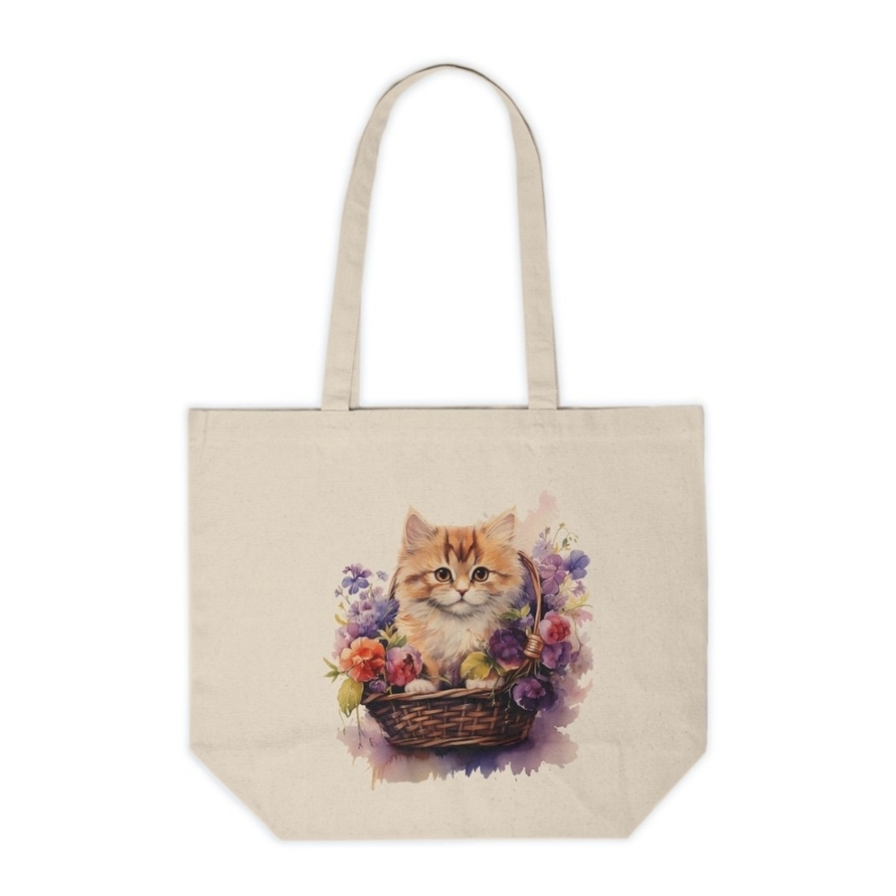 Floral Cat in a Basket Custom Canvas Tote Bag